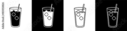 Set of four icons featuring iced drinks with straws, presented in a classic black and white design against contrasting backgrounds