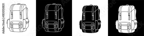 Vector illustrations of essential travel and hiking backpacks, showcasing modern rucksack designs in various outlined and solid graphic styles for diverse outdoor adventures