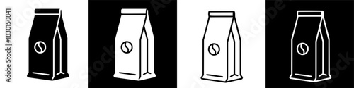 Four stylized illustrations of coffee bean bags, presented in contrasting black and white.
