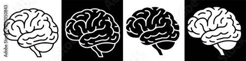 Four stylized illustrations of human brains presented in alternating black and white backgrounds.
