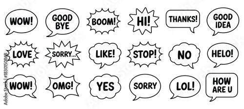 Speech bubbles words comic vector collection, Speech bubble comic cartoon dialogue text word exclamation set, hand drawn speech bubbles featuring various expressive words and exclamations