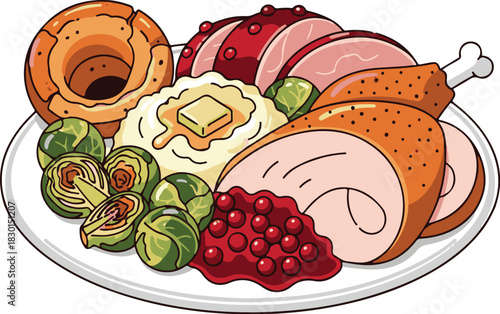 A traditional holiday dinner plate illustration featuring roasted turkey, mashed potatoes, cranberry sauce, and festive side dishes for a celebration