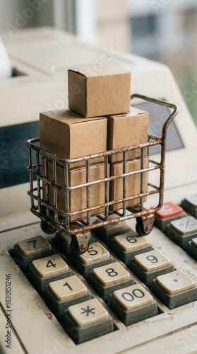 Miniature Shopping Cart with Cardboard Boxes on Vintage Calculator Keys.