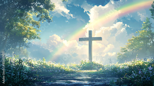 A rainbow is in the sky above a cross