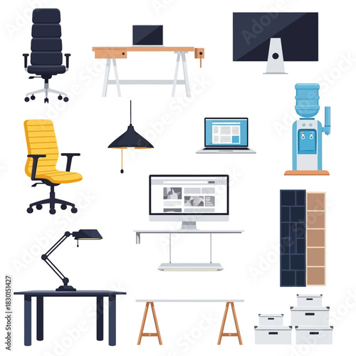A versatile collection of modern cartoon-style office and home interior furniture illustrations isolated on a white background