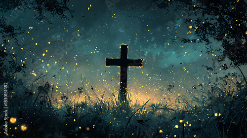 A cross is in the middle of a field of grass