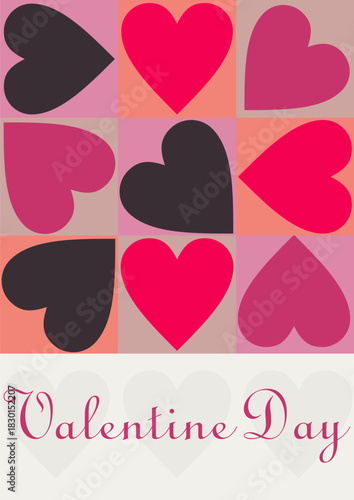 Harmonious Heart Grid: A Modern Valentine's Day Composition Showcasing a Symmetrical Arrangement of Contrasting Hues, Blending Deep Charcoals with Vibrant Pinks and Reds for a Strikingly Balanced Exp