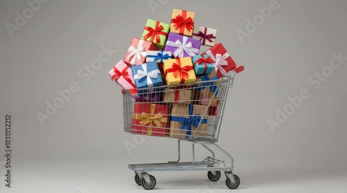 Shopping Cart Overflowing with Colorful Gift Boxes on a Neutral Background.
