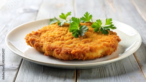 Juicy brown chicken cutlet on a white plate , chicken, food