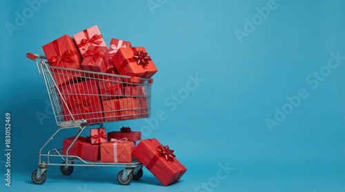 Shopping Cart Overflowing with Red Gift Boxes on Blue Background.
