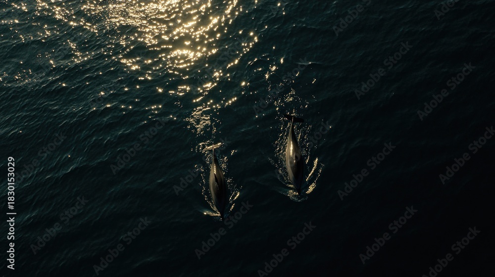 Obraz premium Two dolphins swim in the ocean (2)