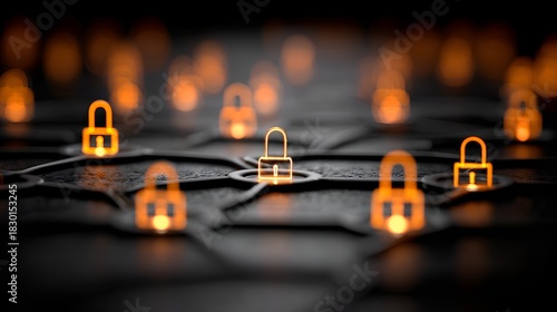 Security is depicted by glowing padlock icons connected in a network, suggesting digital safety and secure data transfers in cyberspace network.