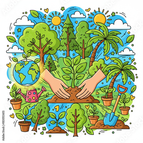 Vibrant Doodle Flat Vector – International One Million Trees Movement Day
