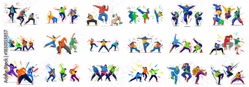 Vibrant street dance vector collection showing male and female hip-hop performers executing energetic movements and poses with dynamic graphical accents.