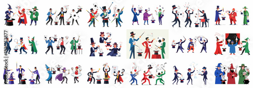 Diverse collection of cartoon magicians performing classic illusions, pulling rabbits from hats, using playing cards, and wielding magic wands.
