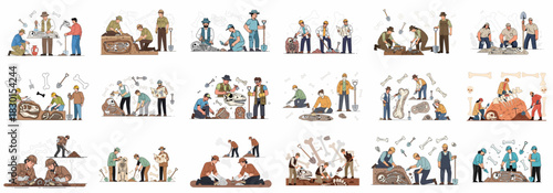 Collection of illustrations showing archaeologists and paleontologists excavating ancient human skeletons, dinosaur fossils, and historical artifacts at dig sites.