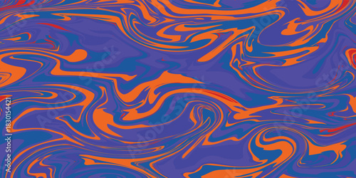 Vibrant abstract background with swirling orange and blue liquid paint creating a marbled effect.