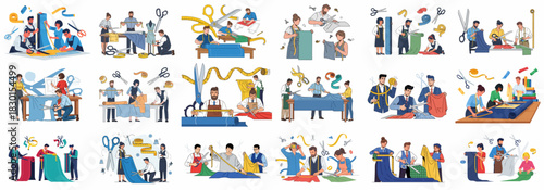 Tailoring and fashion design illustration set: professional garment makers cutting fabric, measuring, and creating patterns using various sewing tools.