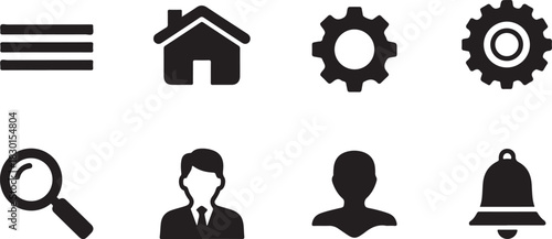High-contrast solid black UI icons on white background featuring menu bar, home button, settings gear, search magnifier, user profile, notification bell, minimalist vector design