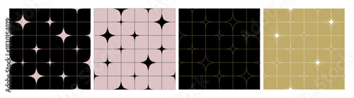 Y2K Seamless Pattern with Sparkle Stars on Line Grid. Simple Geometric Background. Vector Y2K Twinkle Stars Bg.