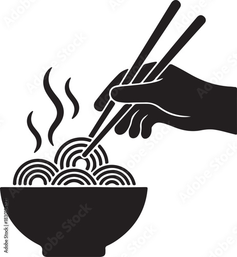  Hand holding chopsticks stirs bowl of noodles silhouette vector on white background