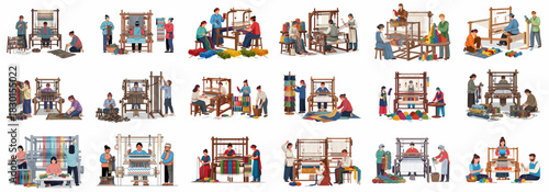 Textile Production Process Vector Set. Artisans weaving fabric, rug, and carpet designs on traditional hand looms, handling colorful yarn.