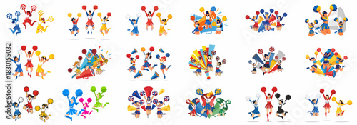 Dynamic Cheerleader Vector Illustrations Collection with Jumping Poses, Pom-Poms, and Megaphones for Sports, Teamwork, and Celebration.