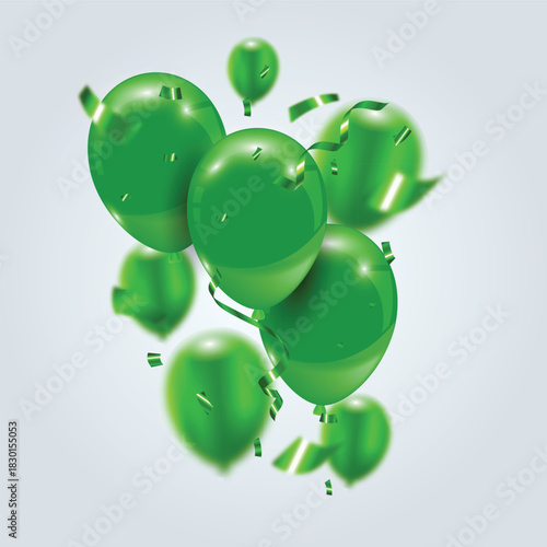Obraz na plátně Vibrant green glossy 3d helium balloons with flying festive ribbon and foil confetti on background