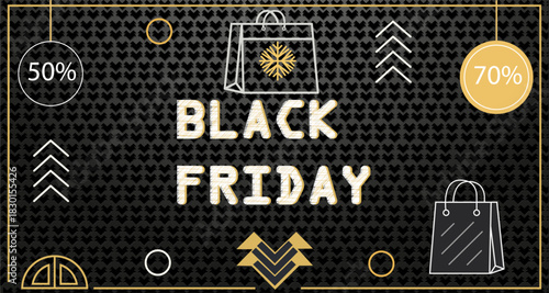 Black Friday sale banner with shopping bags and discount percentages