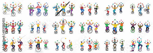 Vector illustration set of diverse cartoon characters juggling objects while balancing on unicycles, representing entertainment, circus, and performance art.