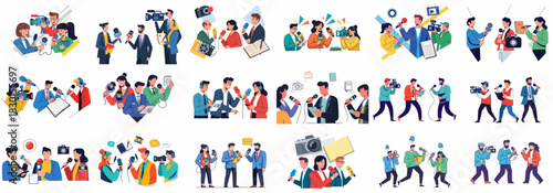 Diverse Set of Illustrations Showcasing Journalists, Reporters, Cameramen, and Media Professionals Covering News and Conducting Interviews.