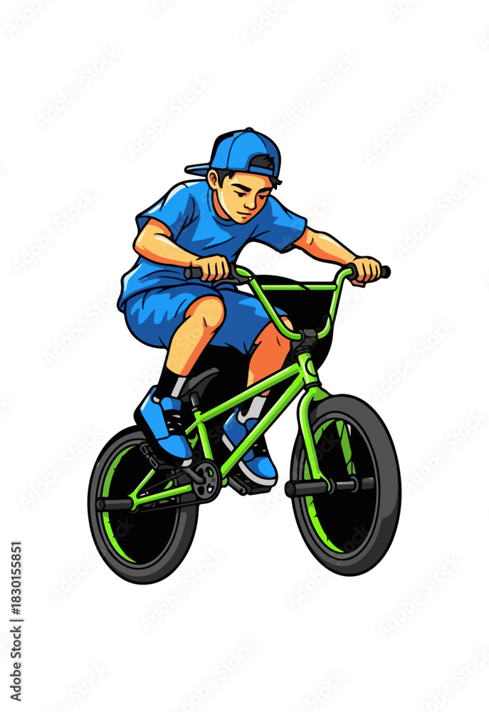 Fototapeta premium Energetic young boy riding a BMX bicycle illustration.