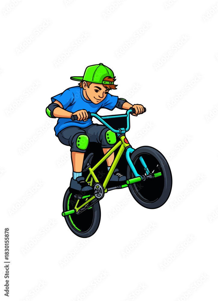 Fototapeta premium Young boy in a green cap doing a wheelie on a BMX bike.