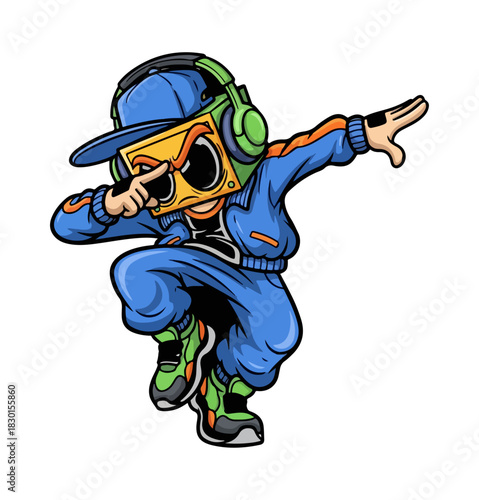 Cartoon character with a cassette tape head doing a dab pose.