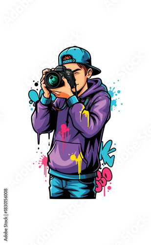 Young photographer capturing moments with a professional camera, wearing a hoodie and cap.