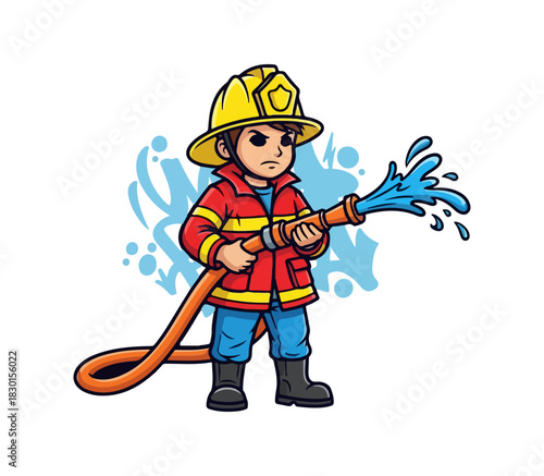 Cartoon Firefighter Holding Water Hose Spraying Water.