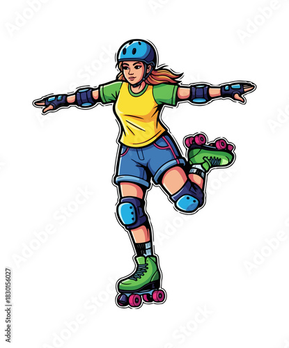 Cartoon illustration of a young woman roller skating.