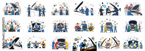 Professional car mechanics working on auto repair and maintenance, vector illustration set depicting teamwork, tools, and engine service in a garage.