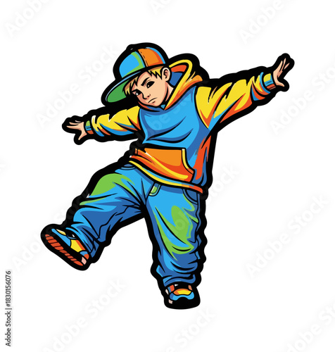 Cool cartoon boy in colorful hip hop clothing dancing.