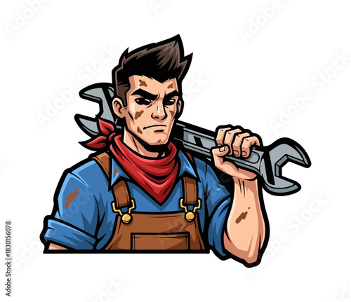 Cartoon Mechanic with Wrench - A Skilled Tradesman Illustration.