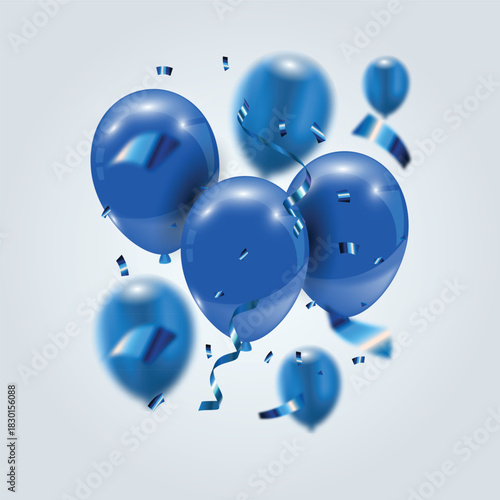 Vibrant blue glossy 3d helium balloons with flying festive ribbon and foil confetti on background. Perfect for celebrations, promotions, grand openings, party banner, festive events and Ads. Vector