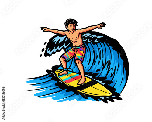 Young male surfer riding a large blue ocean wave illustration.