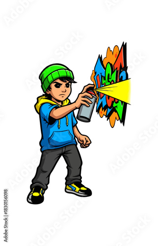 Young boy artist with green hat painting graffiti on wall with spray can.