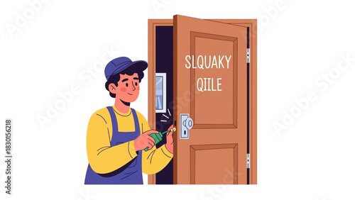 Professional handyman character in uniform using a screwdriver to fix a door lock. Home improvement and repair service vector concept