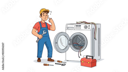 Puzzled repairman troubleshooting a broken washing machine with exposed wires, contemplating the complex appliance issue