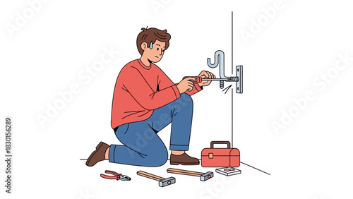 A diligent young man kneels with a screwdriver for home improvement, installing a wall hook. Vector illustration of a handyman at work
