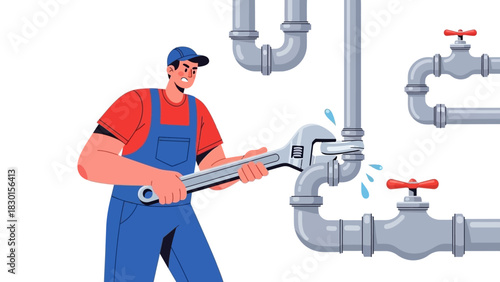 Plumber fixing a pipe with a wrench illustration. Plumbing service and repair concept