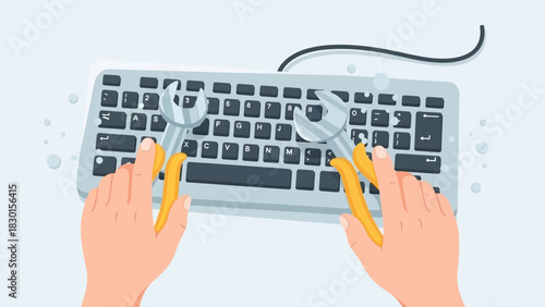 Optimizing digital performance Human hands using wrenches on a computer keyboard, illustrating essential IT maintenance, software development, and system upkeep