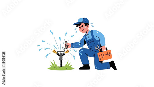 Skilled plumber in uniform diligently repairing an outdoor garden sprinkler, addressing water flow issues with professional tools