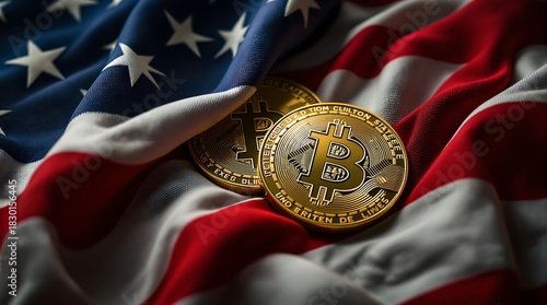 American Flag with Two Gold Bitcoin Cryptocurrency Coins